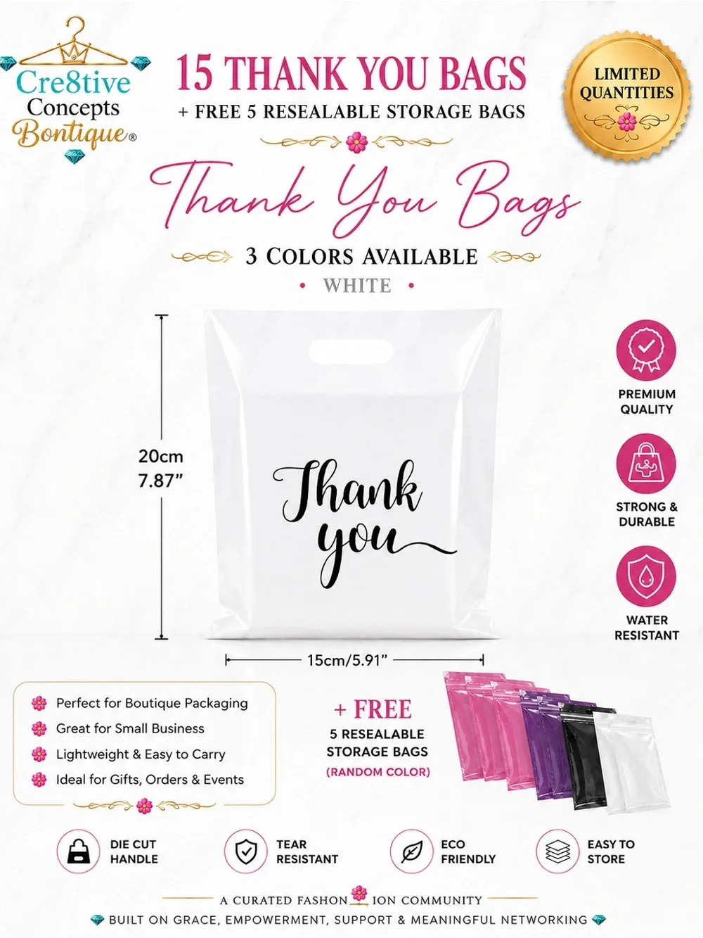 15 Thank You Boutique Bags + FREE 5 Resealable Storage Bags (Total 20pcs)